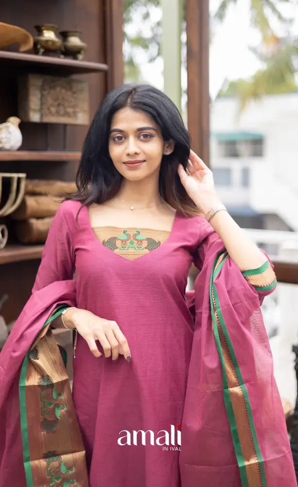 Meera Cotton Salwar Mauve Pink and Green Tone salwar