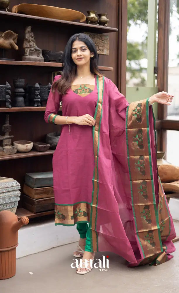 Meera Cotton Salwar Mauve Pink and Green Tone Plus Size salwar