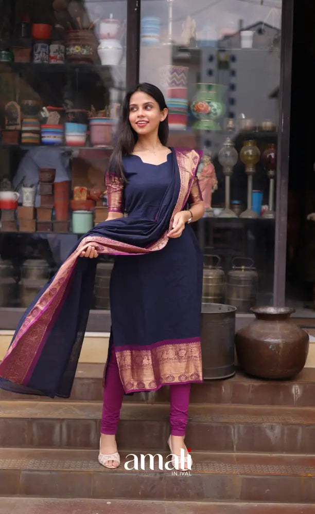 Meera Cotton Salwar - Navy Blue and Magenta salwar