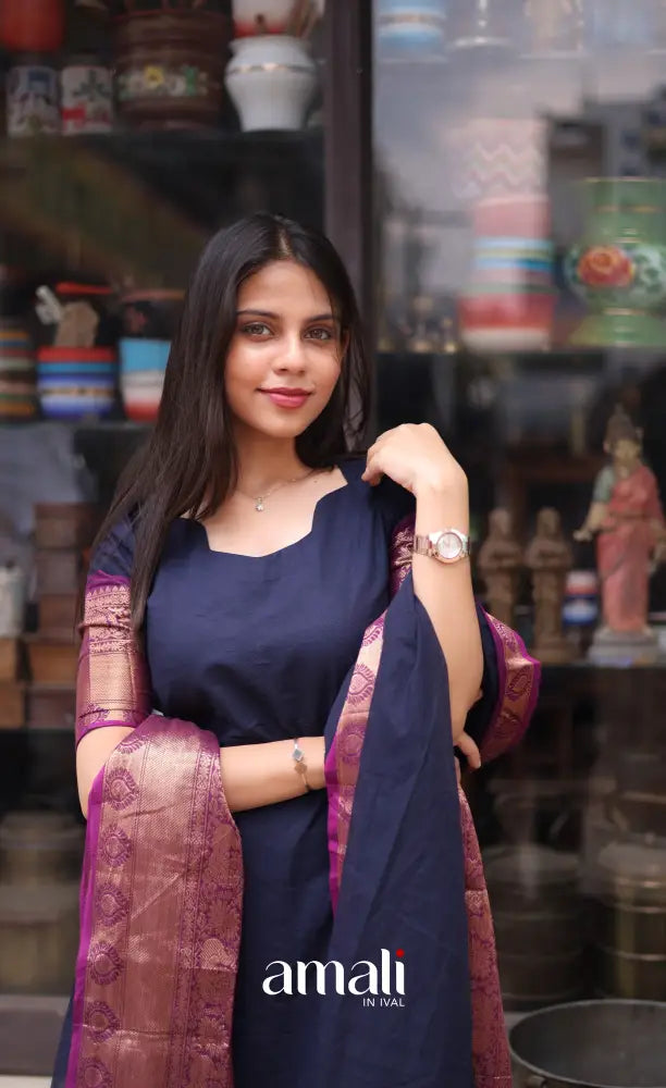 Meera Cotton Salwar - Navy Blue and Magenta salwar
