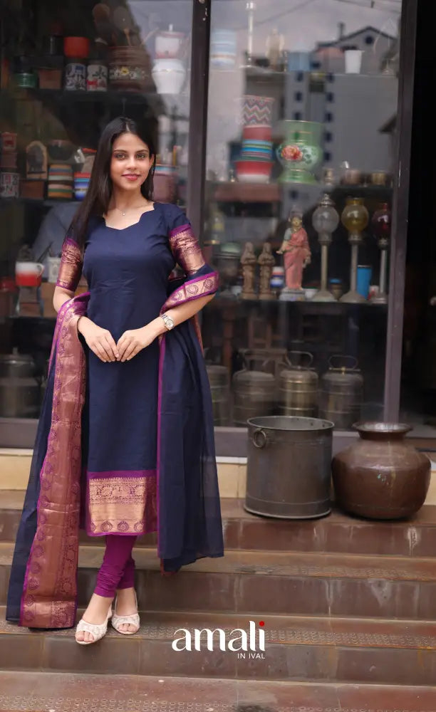 Meera Cotton Salwar - Navy Blue and Magenta salwar