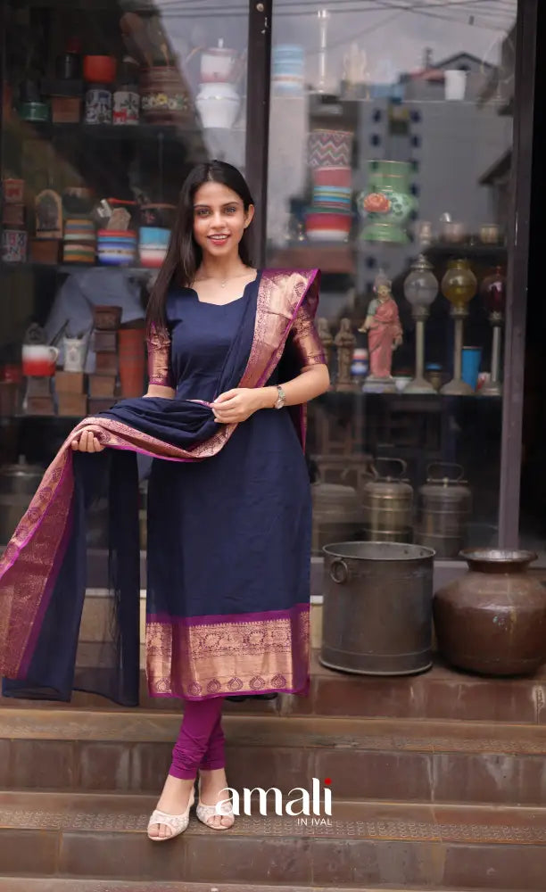 Meera Cotton Salwar - Navy Blue and Magenta salwar