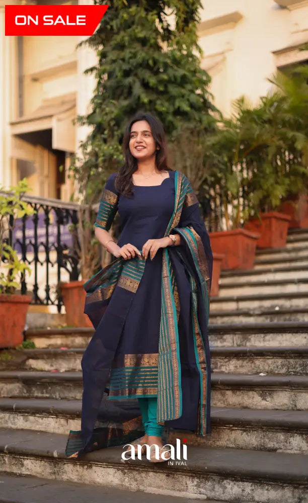 Meera Cotton Salwar - Navy Blue and Peacock Blue salwar