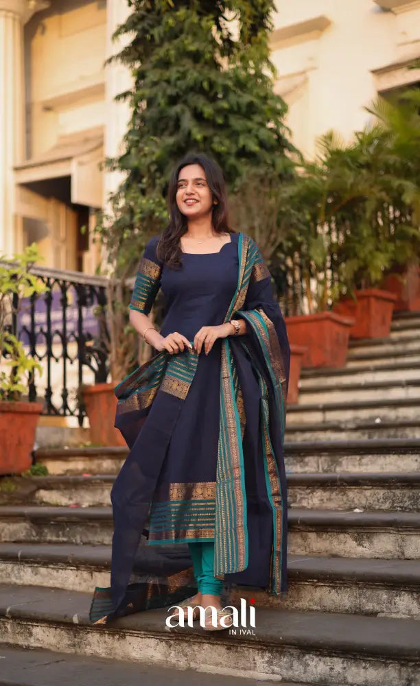Meera Cotton Salwar - Navy Blue and Peacock Blue salwar