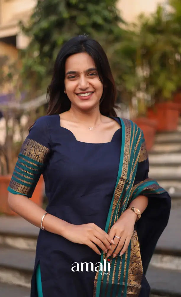 Meera Cotton Salwar - Navy Blue and Peacock Blue salwar