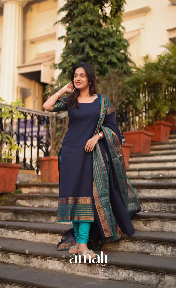 Meera Cotton Salwar - Navy Blue and Peacock Blue salwar
