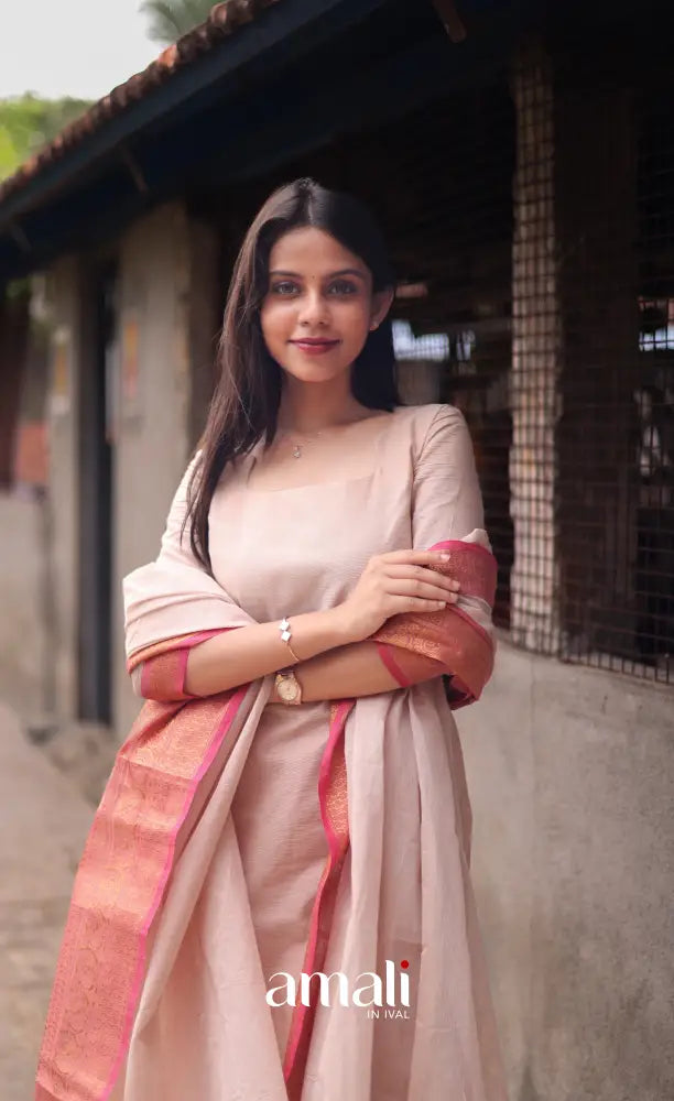 Meera Cotton Salwar - Off white and Orangish pink salwar