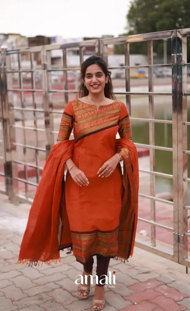 Meera Cotton Salwar Orange and Brownish Maroon Plus Size salwar