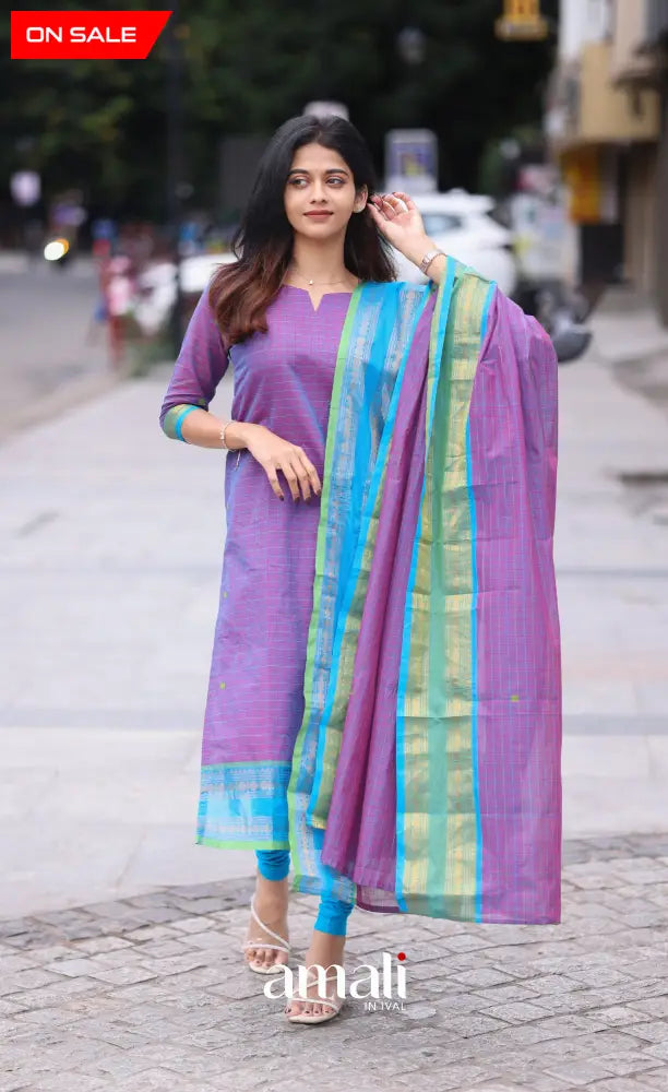 Meera Cotton Salwar Purple shade and Sky Blue tone salwar
