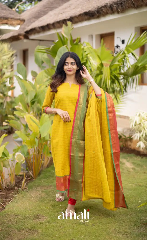 Meera Cotton Salwar - Yellow and Coral Orange salwar