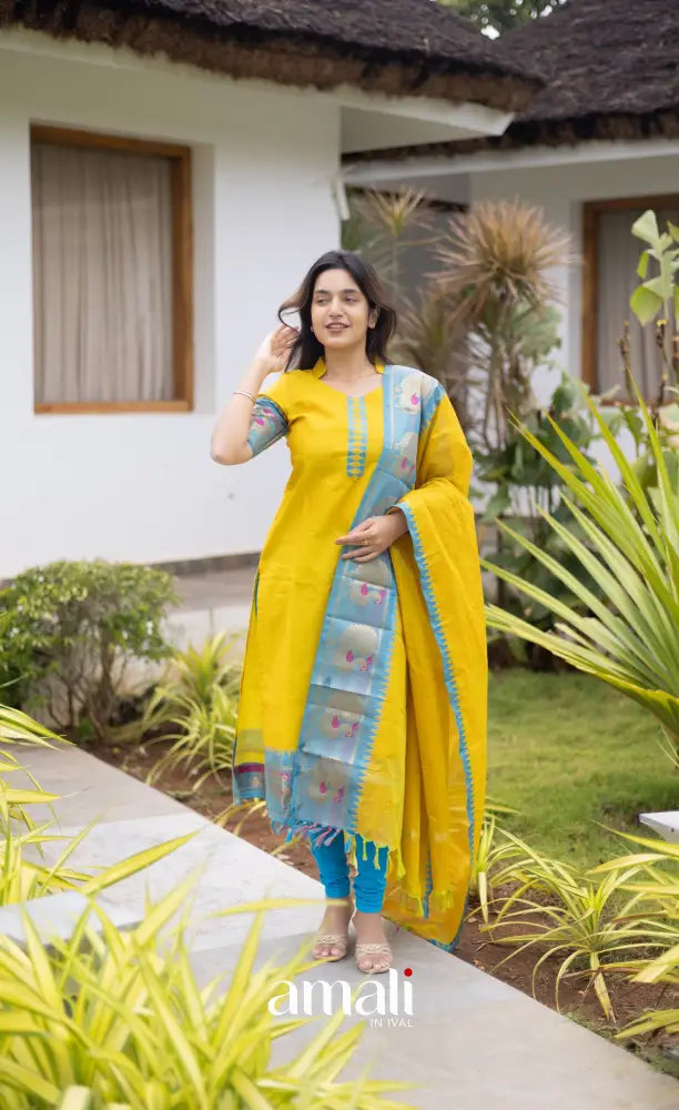 Meera Cotton Salwar Yellow shade and Sky Blue tone salwar