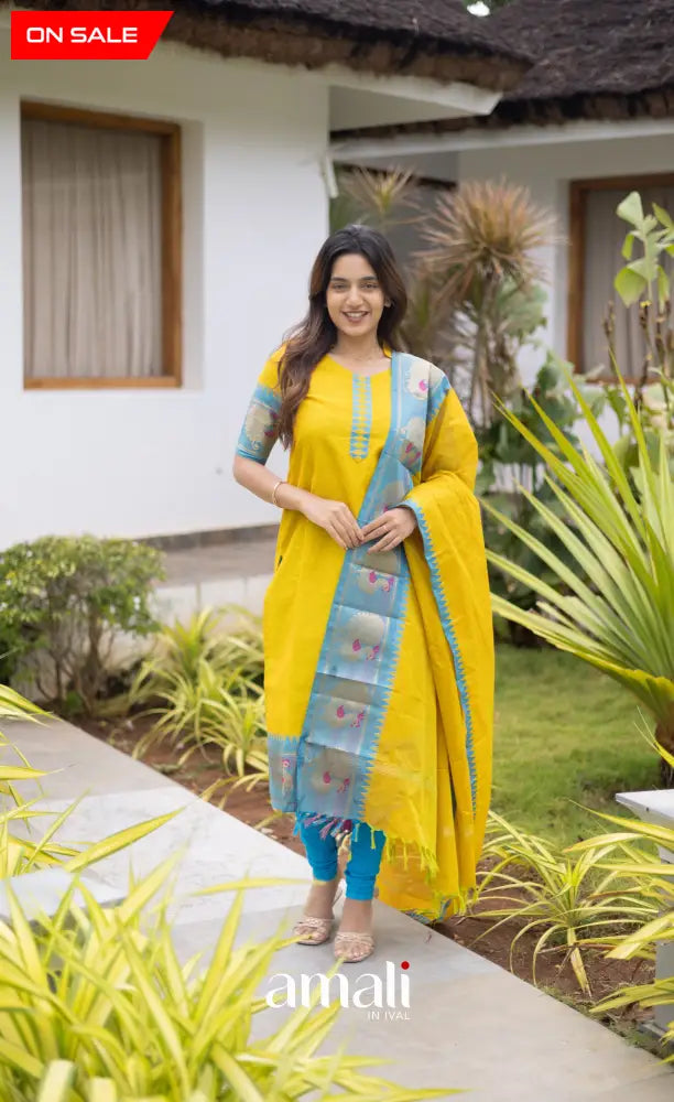 Meera Cotton Salwar Yellow shade and Sky Blue tone salwar