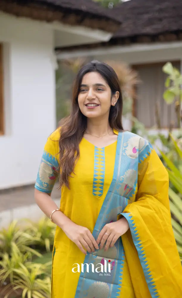 Meera Cotton Salwar Yellow shade and Sky Blue tone Plus Size salwar