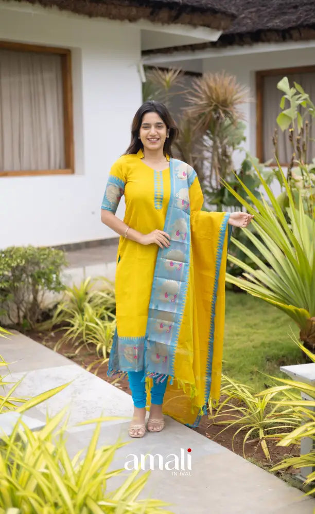 Meera Cotton Salwar Yellow shade and Sky Blue tone Plus Size salwar