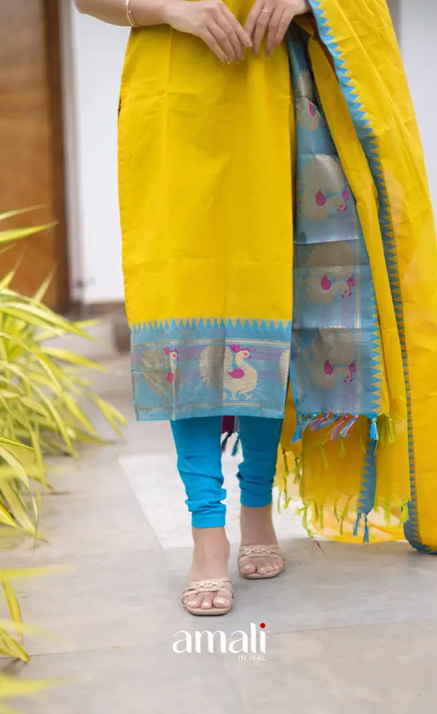 Meera Cotton Salwar Yellow shade and Sky Blue tone Plus Size salwar