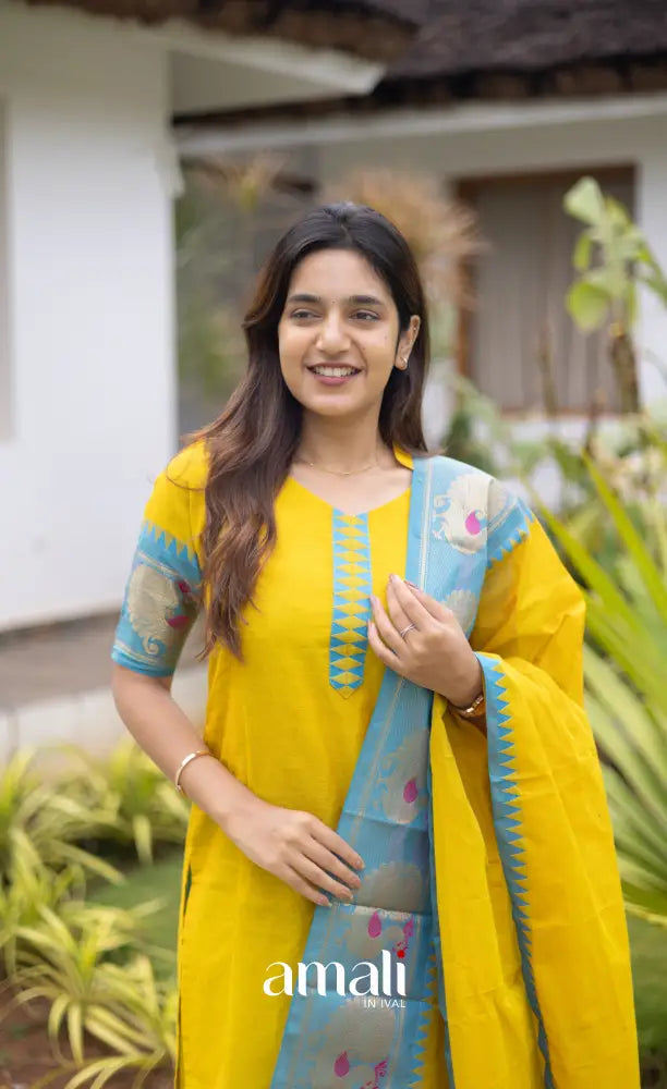 Meera Cotton Salwar Yellow shade and Sky Blue tone Plus Size salwar