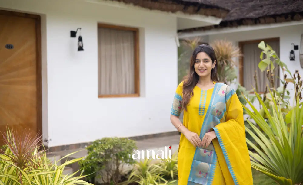 Meera Cotton Salwar Yellow shade and Sky Blue tone Plus Size salwar