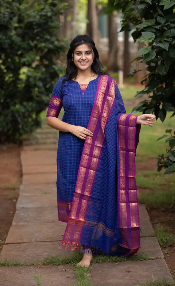 Meera Dark Blue wiith Magenta Chettinad Cotton Salwar - salwar