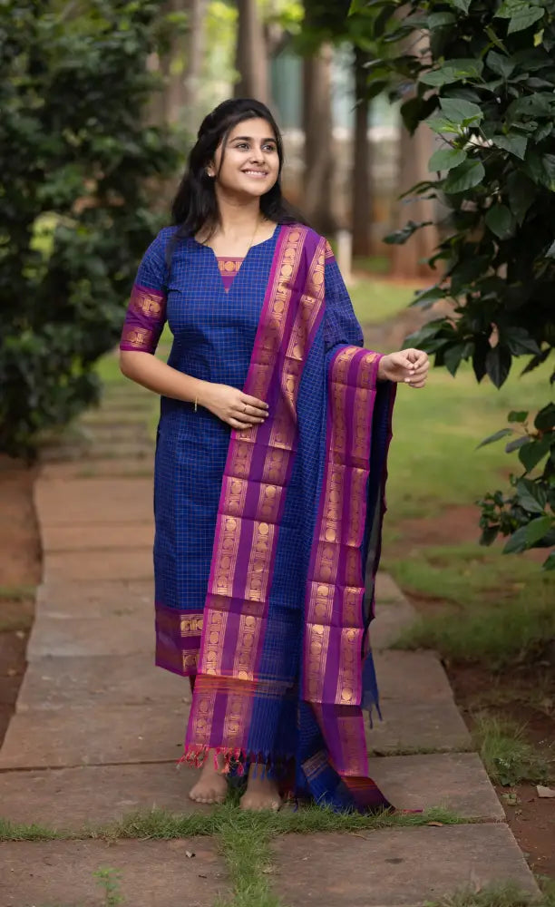 Meera Dark Blue wiith Magenta Chettinad Cotton Salwar - salwar