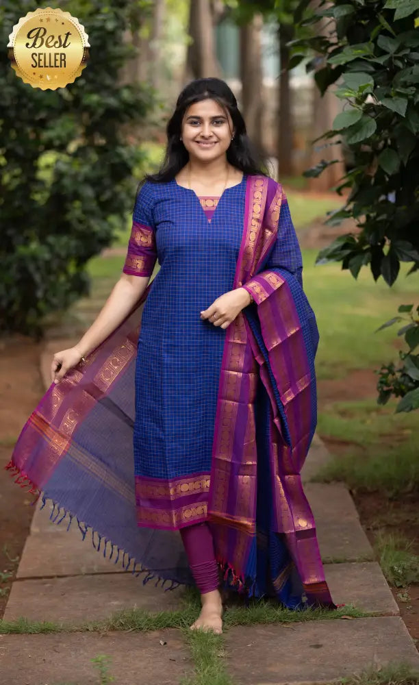 Meera Dark Blue wiith Magenta Chettinad Cotton Salwar - salwar