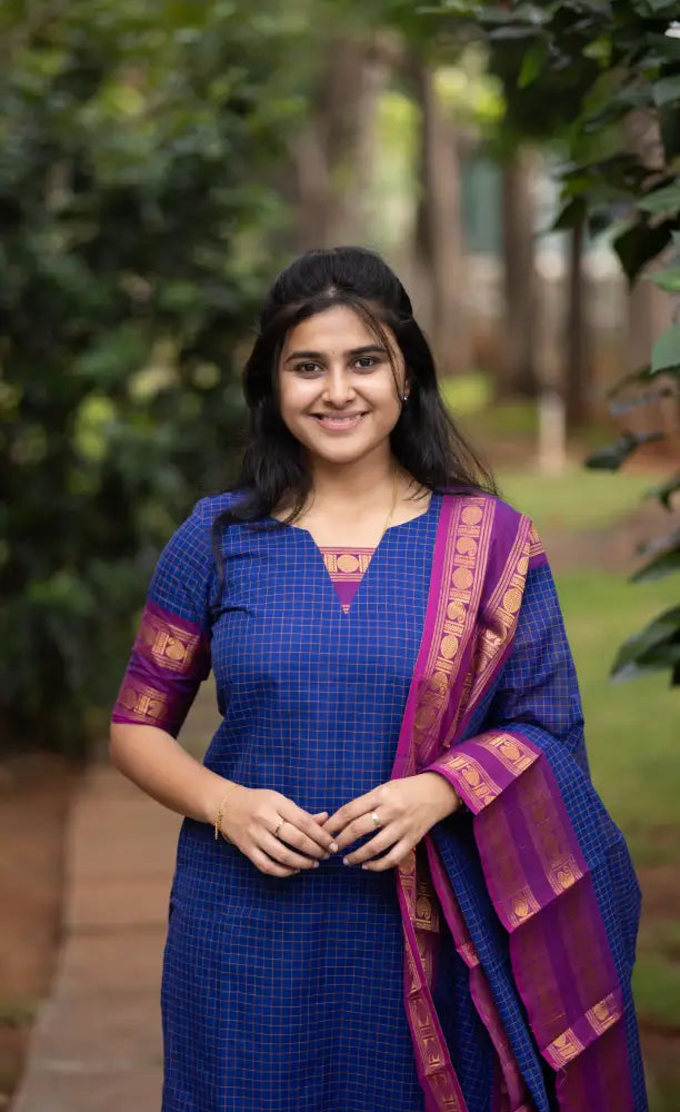 Meera Dark Blue wiith Magenta Chettinad Cotton Salwar - salwar