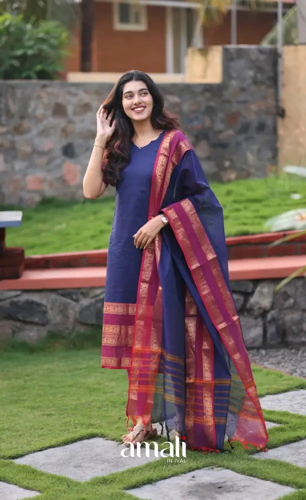 Meera Dark blue with Deep magenta Chettinad Cotton Salwar salwar