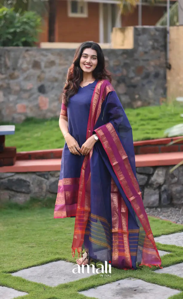 Meera Dark blue with Deep magenta Chettinad Cotton Salwar salwar