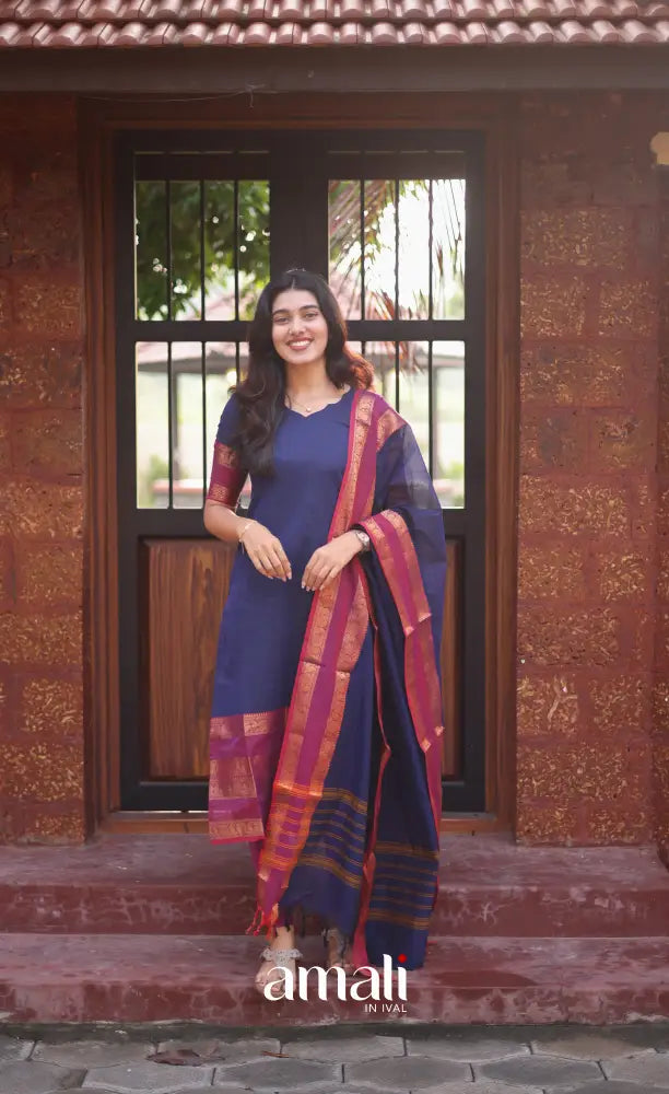 Meera Dark blue with Deep magenta Chettinad Cotton Salwar salwar