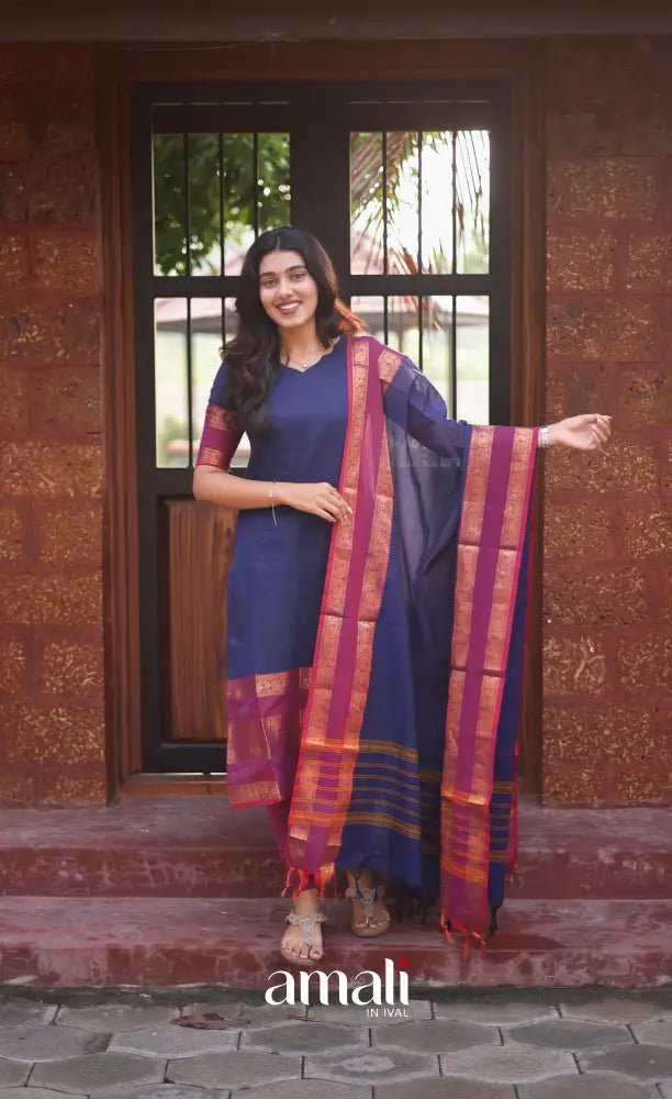 Meera Dark blue with Deep magenta Chettinad Cotton Salwar salwar