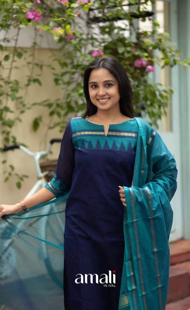 Meera Dark Blue with Teal Blue Chettinad Cotton Salwar salwar