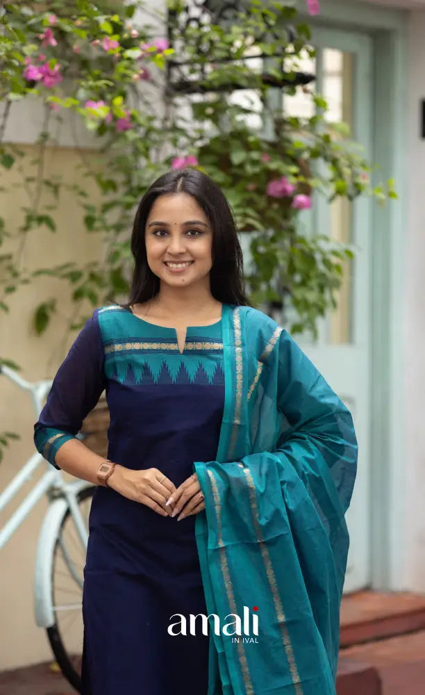 Meera Dark Blue with Teal Blue Chettinad Cotton Salwar salwar