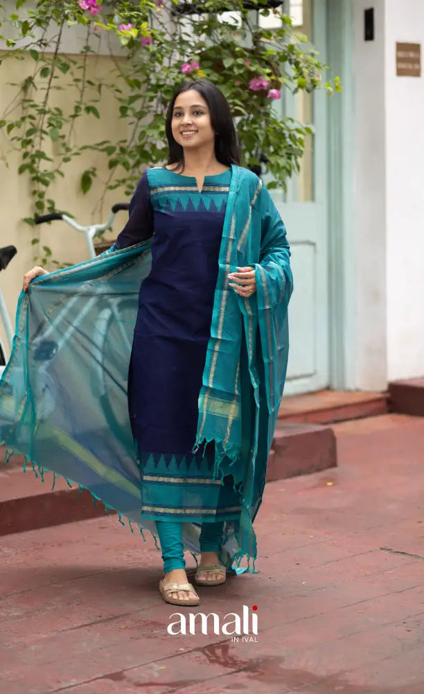 Meera Dark Blue with Teal Blue Chettinad Cotton Salwar salwar