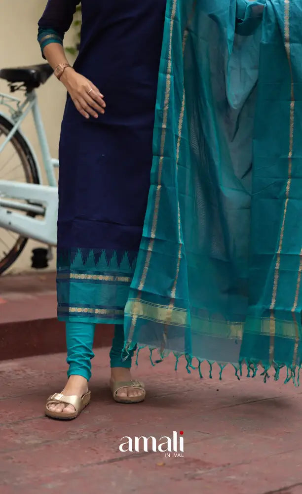 Meera Dark Blue with Teal Blue Chettinad Cotton Salwar salwar