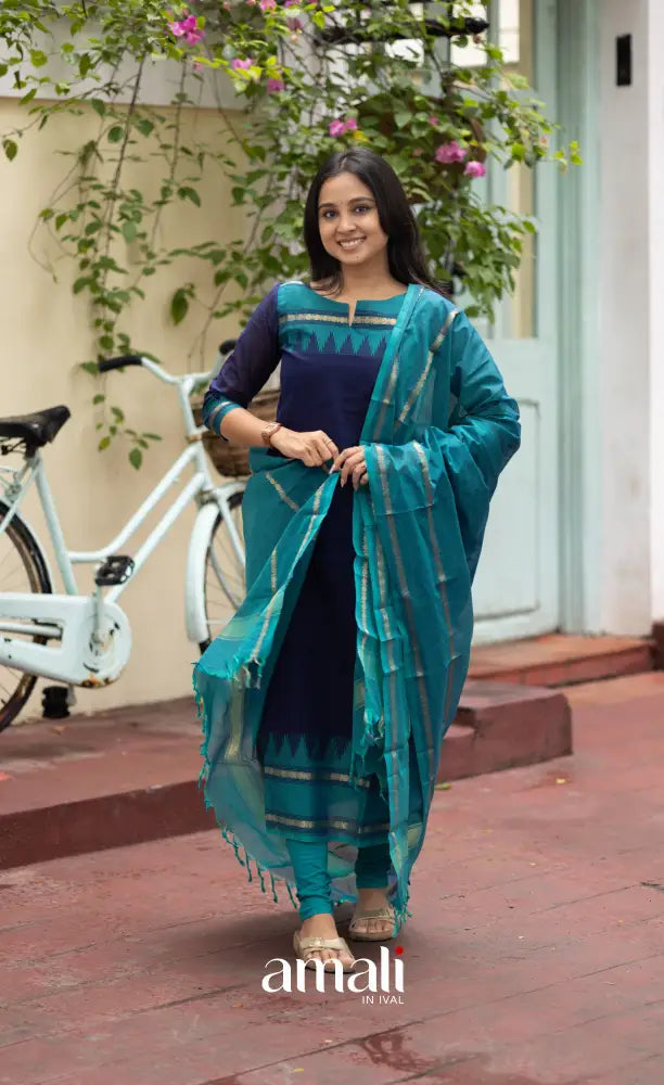 Meera Dark Blue with Teal Blue Chettinad Cotton Salwar salwar