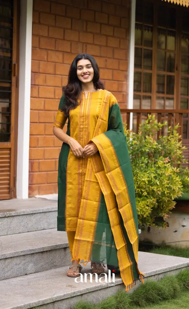 Meera Dark Green with Mustard Yellow Chettinad Cotton Salwar salwar