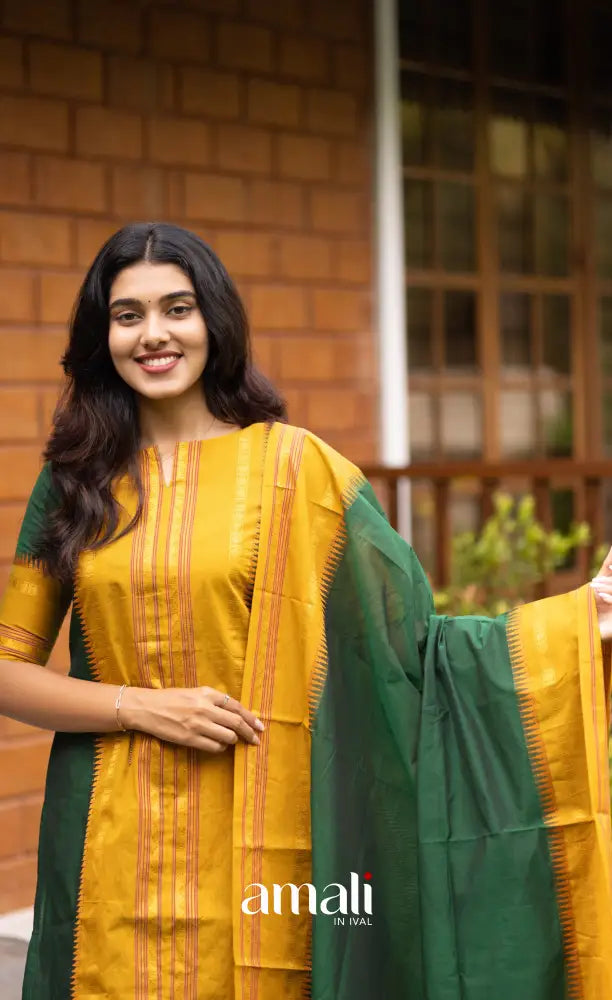 Meera Dark Green with Mustard Yellow Chettinad Cotton Salwar salwar