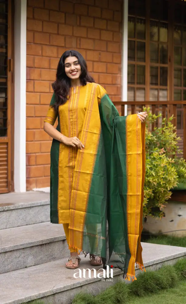 Meera Dark Green with Mustard Yellow Chettinad Cotton Salwar salwar