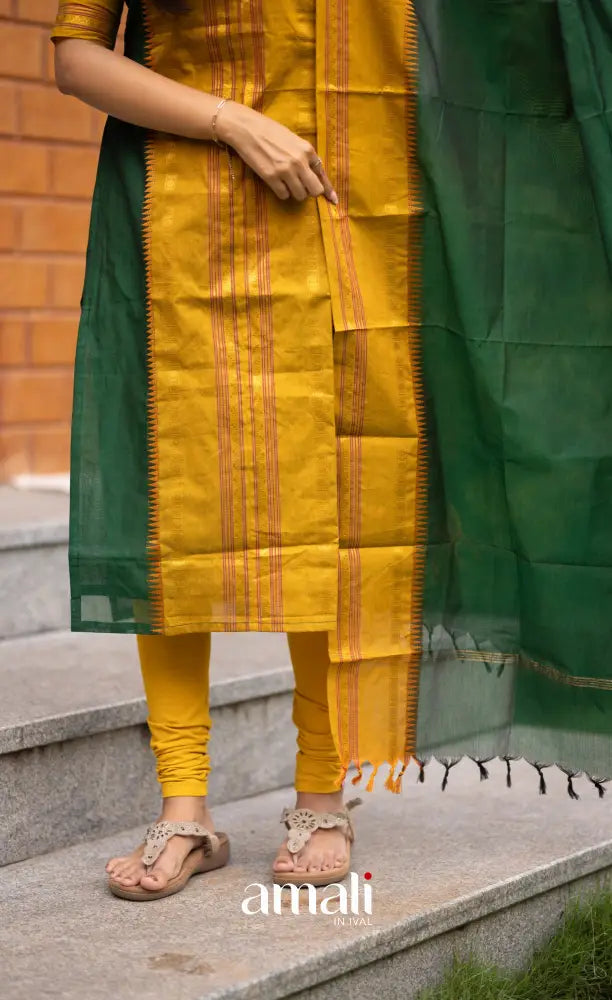 Meera Dark Green with Mustard Yellow Chettinad Cotton Salwar salwar