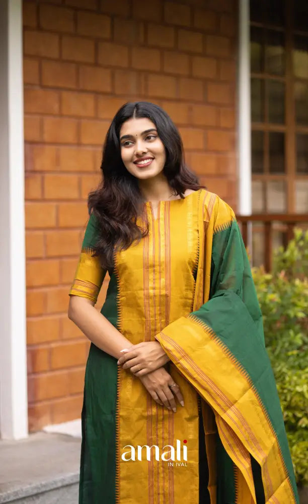 Meera Dark Green with Mustard Yellow Chettinad Cotton Salwar salwar