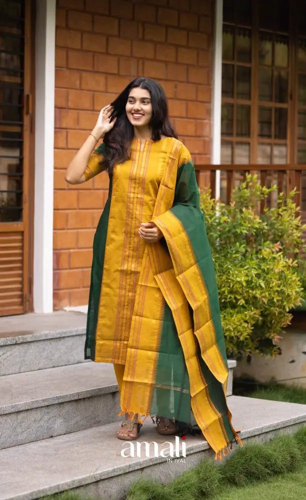 Meera Dark Green with Mustard Yellow Chettinad Cotton Salwar salwar