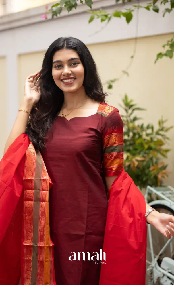 Meera Dark Maroon with Reddish Pink Chettinad Cotton Salwar salwar