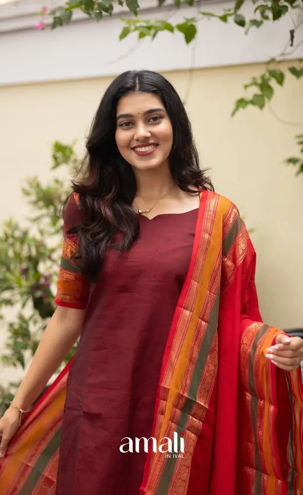 Meera Dark Maroon with Reddish Pink Chettinad Cotton Salwar salwar