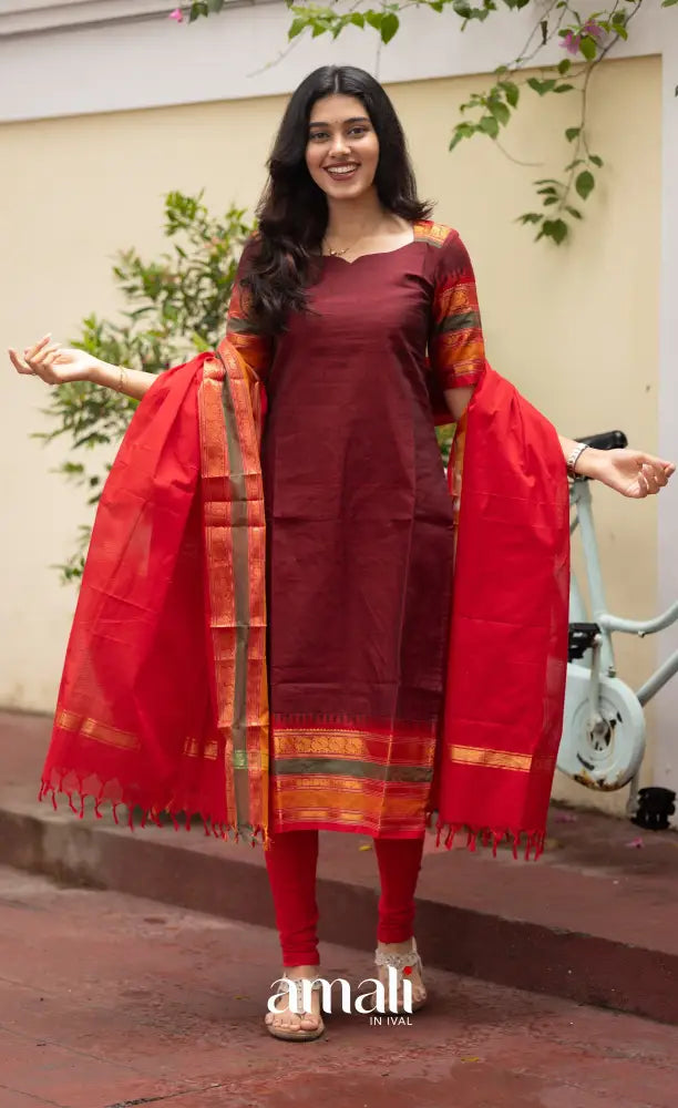 Meera Dark Maroon with Reddish Pink Chettinad Cotton Salwar salwar