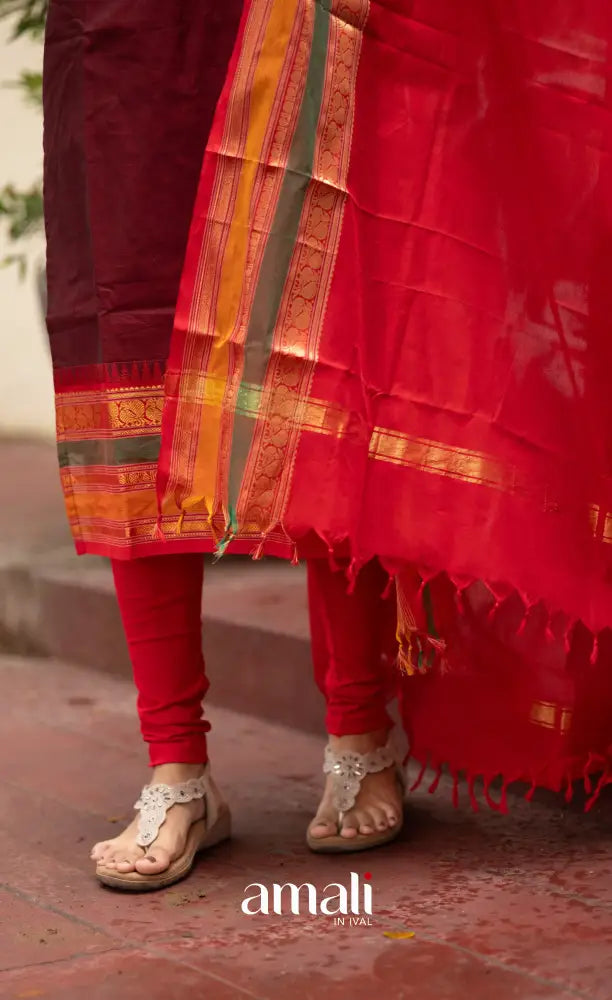 Meera Dark Maroon with Reddish Pink Chettinad Cotton Salwar salwar