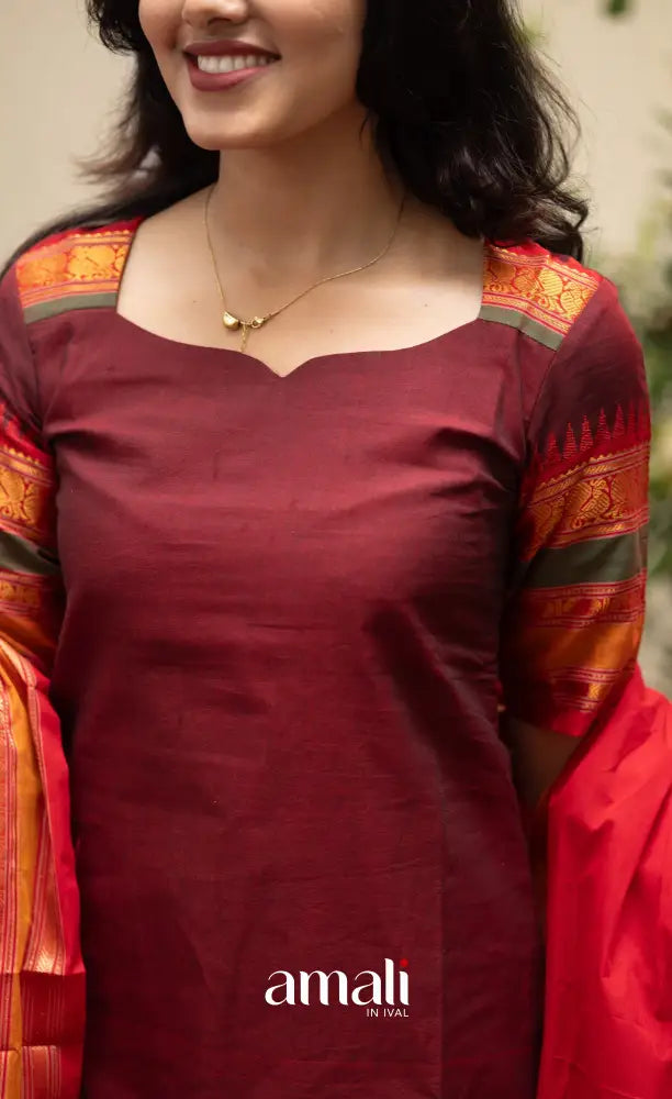 Meera Dark Maroon with Reddish Pink Chettinad Cotton Salwar salwar