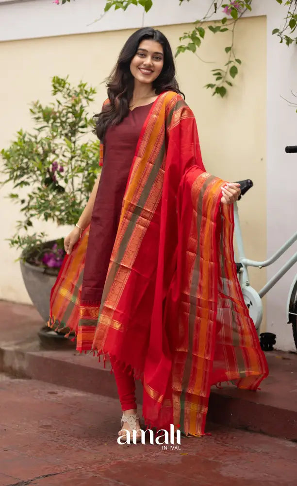 Meera Dark Maroon with Reddish Pink Chettinad Cotton Salwar salwar