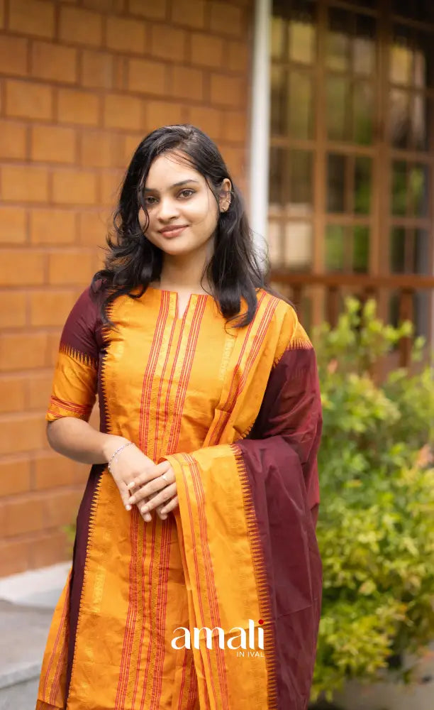 Meera Dark Maroon with Two-tone Mustard Yellow Chettinad Cotton Salwar salwar