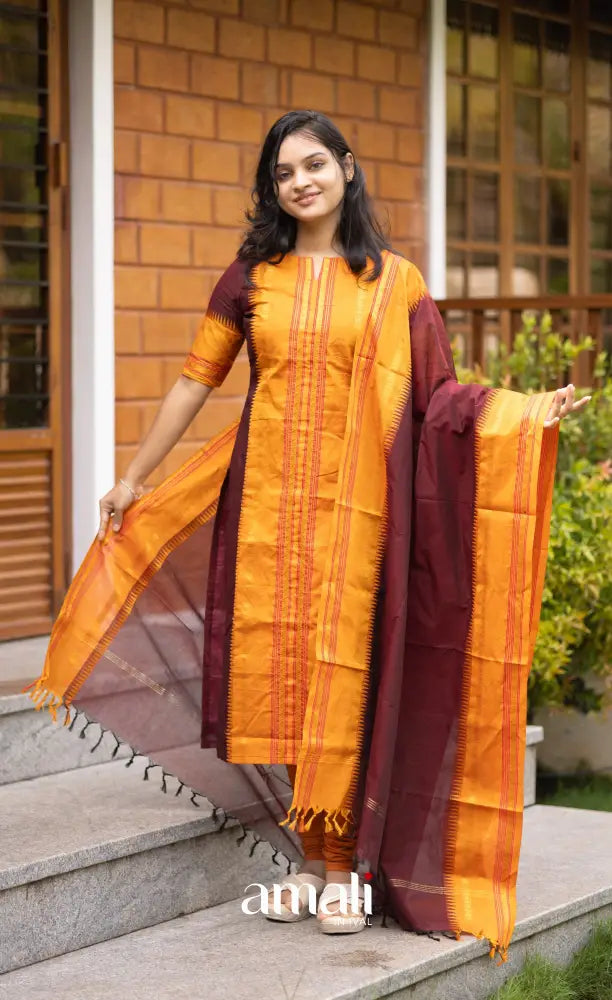 Meera Dark Maroon with Two-tone Mustard Yellow Chettinad Cotton Salwar salwar