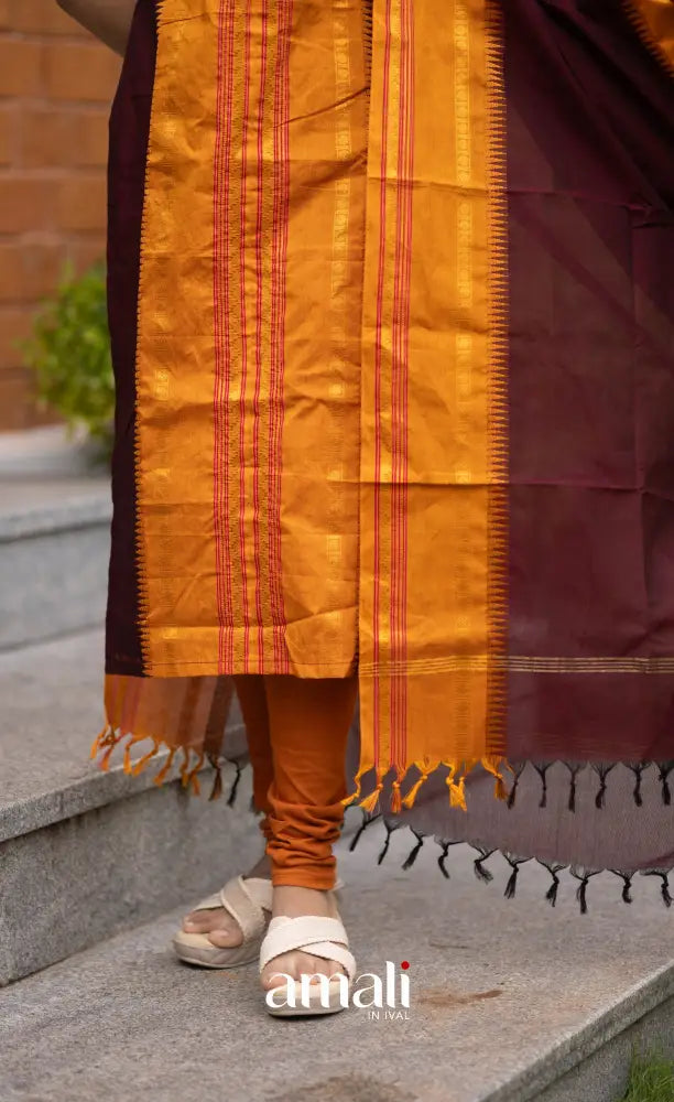 Meera Dark Maroon with Two-tone Mustard Yellow Chettinad Cotton Salwar salwar