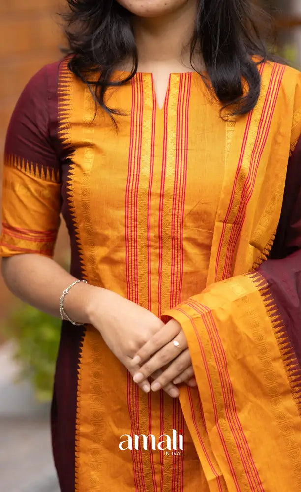 Meera Dark Maroon with Two-tone Mustard Yellow Chettinad Cotton Salwar salwar